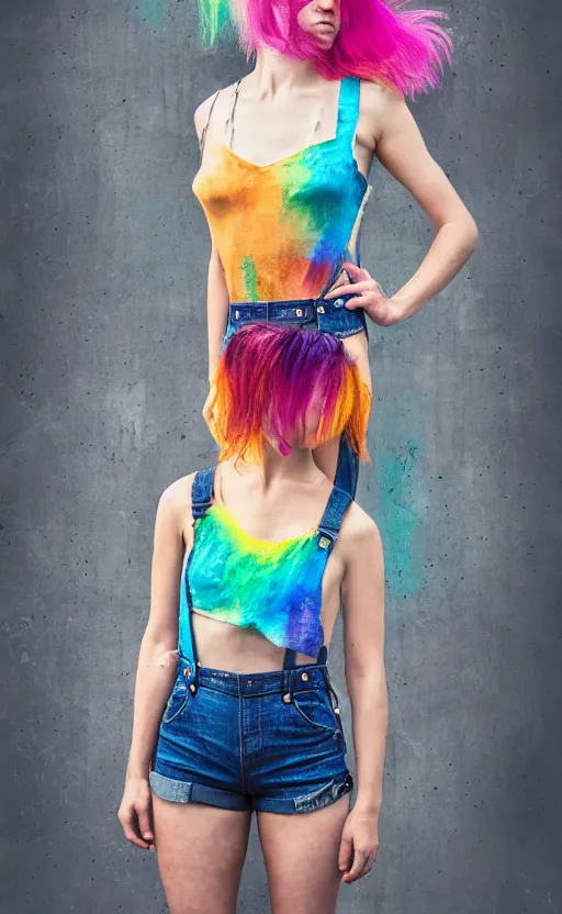 Prompt: grungy woman, rainbow hair, soft eyes and narrow chin, dainty figure, wet t-shirt, torn overalls, skimpy shorts, Sony a7R IV, symmetric balance, polarizing filter, Photolab, Lightroom, 4K, Dolby Vision, Photography Award