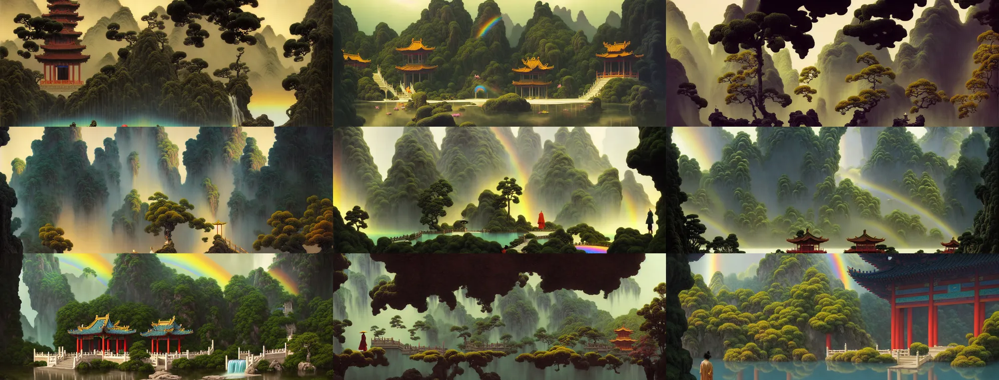 Image similar to a gorgeous landscape painting by barlowe wayne, maxfield parrish and marco mazzoni. chinese temple. rainbow, rainy mood!! sunny morning. a lonely chinese wuxia walks on the winding stone steps, stone gate to the dark cave, 3 d, octane render, turbulent lake, waterfall, fog, 8 k.