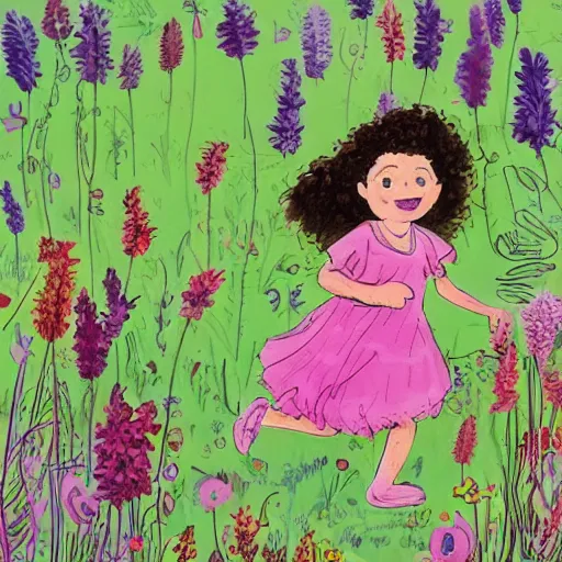 Prompt: a little girl with curly brown hair running through a field of flowers, highly detailed very beautiful fun children's book illustration by quentin blake