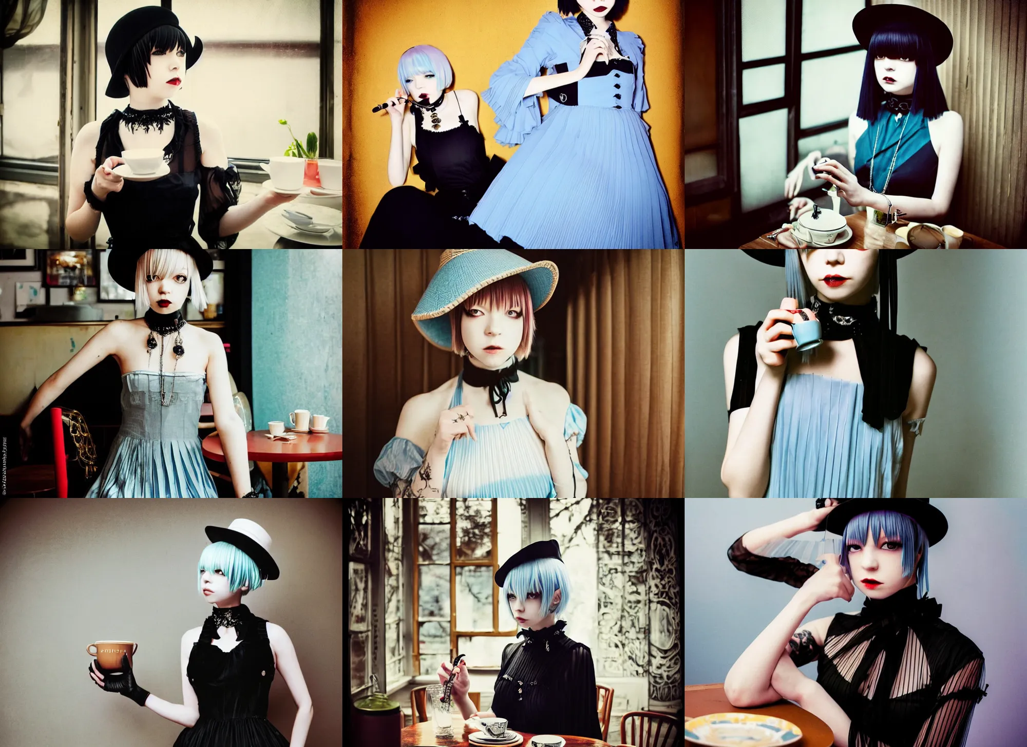 Prompt: lomography, full body portrait photo of reol wearing a elegant pleated gothic dress, open top, wearing a choker and cute hat, drinking tea in a retro cafe interior, moody, realistic, dark, skin tinted a warm tone, light blue filter, hdr, rounded eye, detailed facial features, alphonse mucha