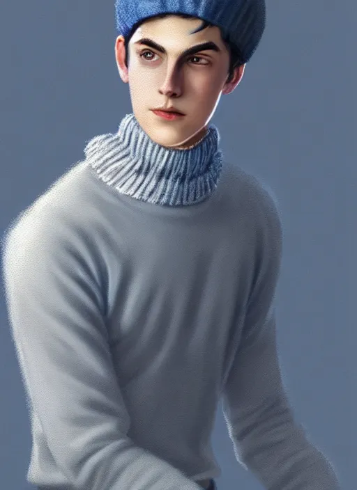 Image similar to portrait of teenage jughead jones, wearing a light grey crown, light grey crown, blue turtleneck sweater 1 9 5 0 s, intricate, elegant, glowing lights, highly detailed, digital painting, artstation, concept art, smooth, sharp focus, illustration, art by wlop, mars ravelo and greg rutkowski