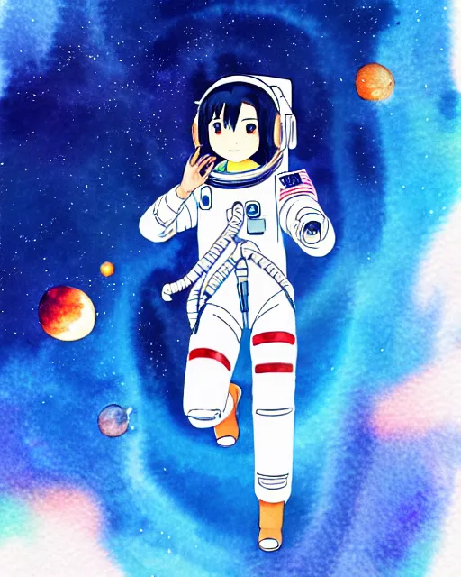Prompt: oriental water color of a cute thicc female astronaut, floating through space, backlit, by makoto shinkai