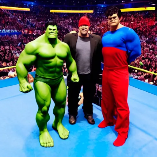 Image similar to supermen and hulk at WWE