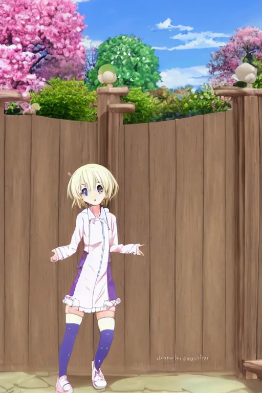 Image similar to a very cute art of a smiling blonde anime girl idol walking at the garden, mouth open, cheeky, in the style of anime, near a stone gate