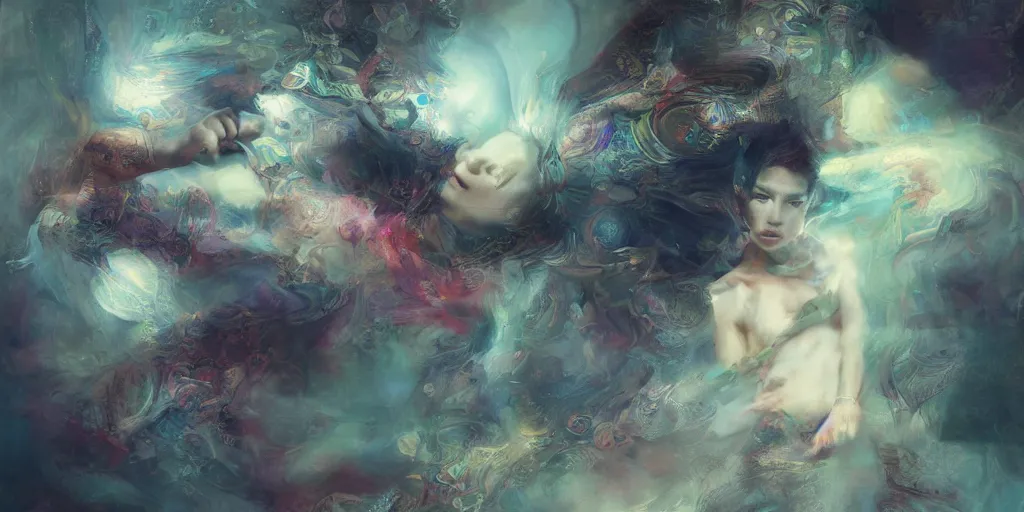 Image similar to Psychedelic visions of ones higher self by Stanley Artgerm Lau, Ruan Jia and Fenghua Zhong