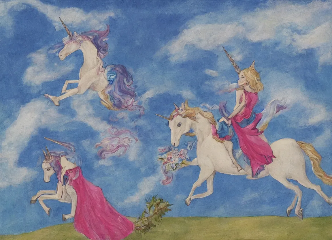 Image similar to woman riding a flying unicorn