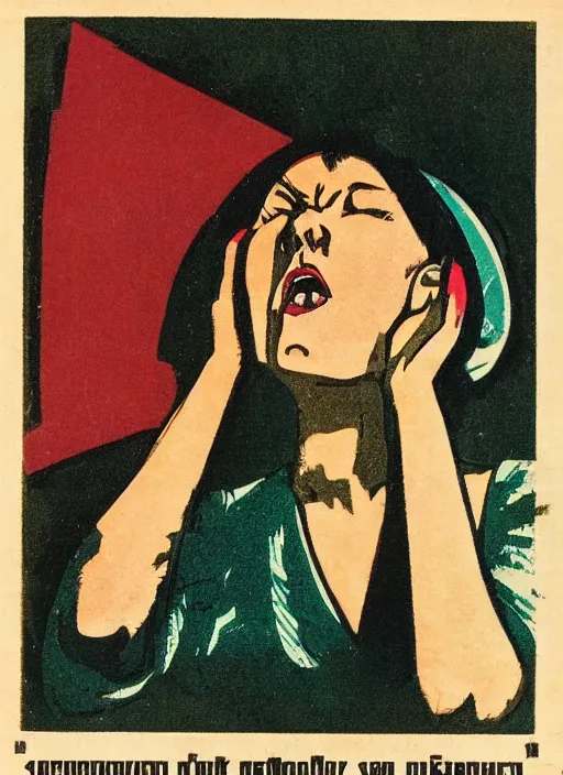 Image similar to soviet propaganda psoter of a woman covering her ears and with closed eyes