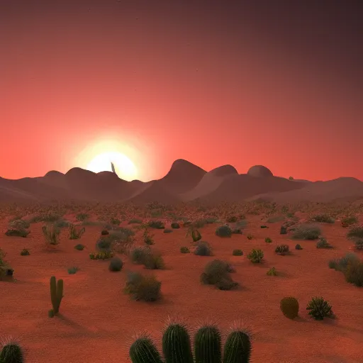 Prompt: matte painting of desert sunset with cacti, trending on artstation, 4 k, award winning