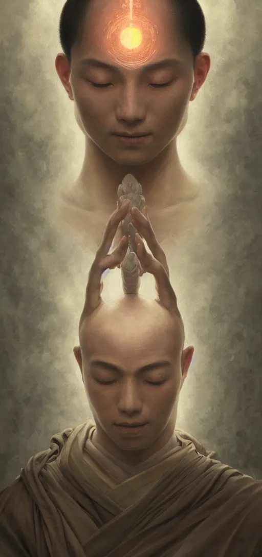 Image similar to ultra realistic illustration, a serene buddhist monk experiencing ego death, cyberpunk, sci-fi, fantasy, intricate, elegant, highly detailed, digital painting, artstation, concept art, smooth, sharp focus, illustration, art by artgerm and greg rutkowski and alphonse mucha, rene magritte, surrealism