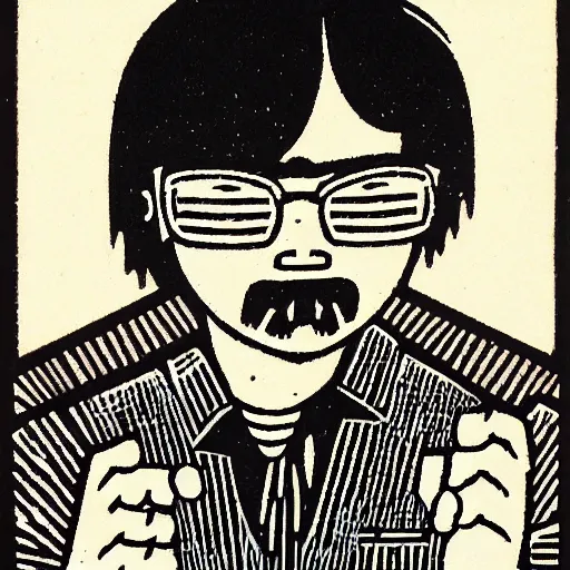 Image similar to portrait of a programmer by makoto yukimura, woodcut