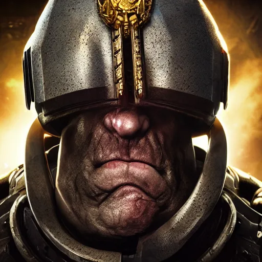 Image similar to Portrait of Robbie Lyle as the emperor of humanity from warhammer 40k in Gears of War, splash art, movie still, cinematic lighting, dramatic, octane render, long lens, shallow depth of field, bokeh, anamorphic lens flare, 8k, hyper detailed, 35mm film grain