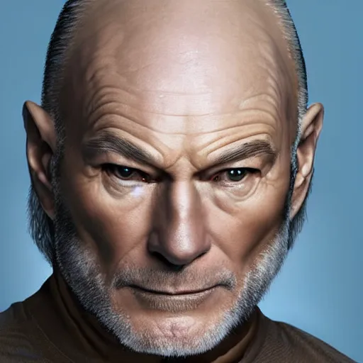 Image similar to a man who is a genetic combination of patrick stewart and jonathan frakes and levar burton and michael dorn and brent spiner, face and upper - body focus, detailed eyes