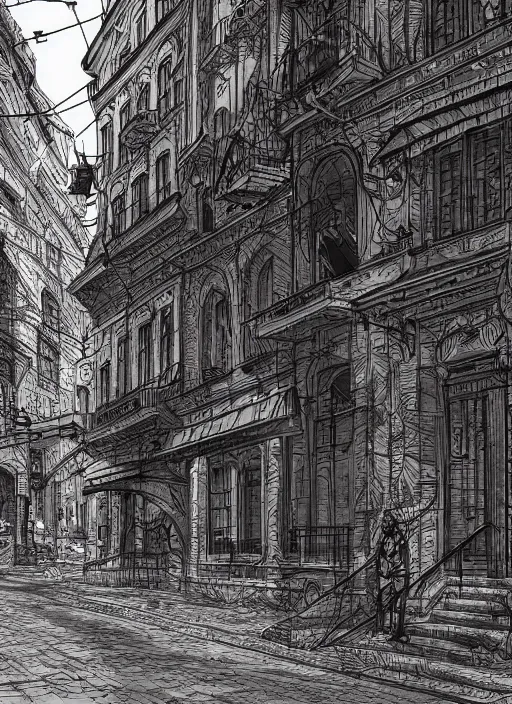 Image similar to Budapest , Dynamic lighting, cinematic, extremely high detail, photo realistic, cinematic lighting, pen and ink, intricate line drawings, post processed, artstation, matte painting, style by Paru Itagaki