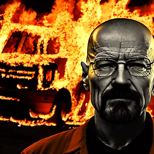 Image similar to a photo of walter white standing in front of a building on fire, highly detailed, 4 k