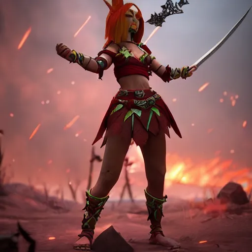 Image similar to beautiful redhead elf, warrior outfit, clash royal style characters, unreal engine 5, octane render, detailed, cinematografic, cinema 4 d