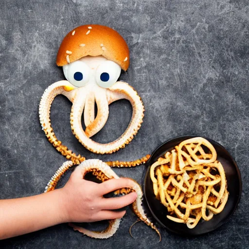 Image similar to octopus made of steel eating fastfood, 5 5 mm