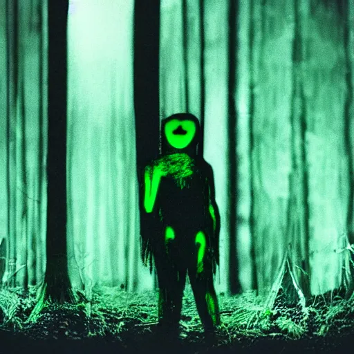 Prompt: film frame of a green glowing humanoid emerging from a dark forest full of dead trees at night, creepy, horror, uncanny, old camera footage, REC sign,