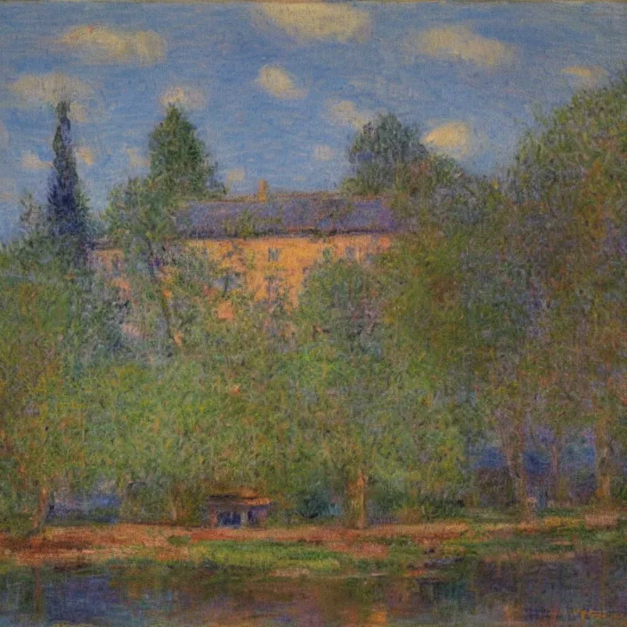 Prompt: a building in a serene landscape, impressionism