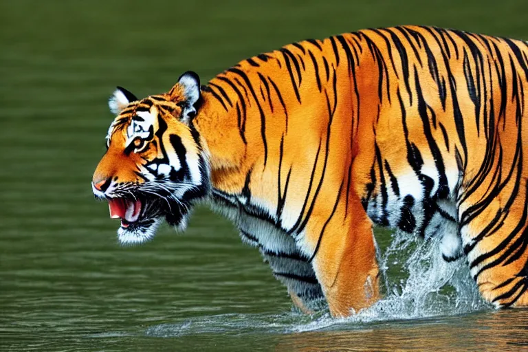 Prompt: Tiger!!!!! with flippers!!!! and a fin!!!! stalking prey Canon EF 600mm f/4L IS II USM Lens