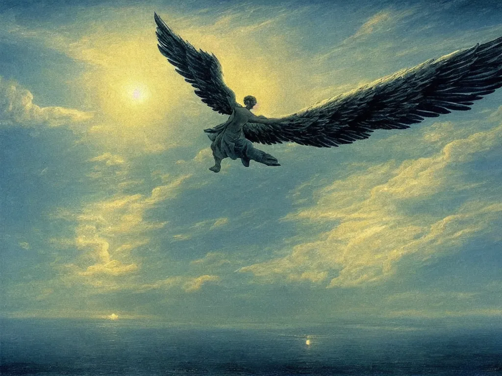 Image similar to seraphim angel in the sky flying on the sea painted by caspar david friedrich