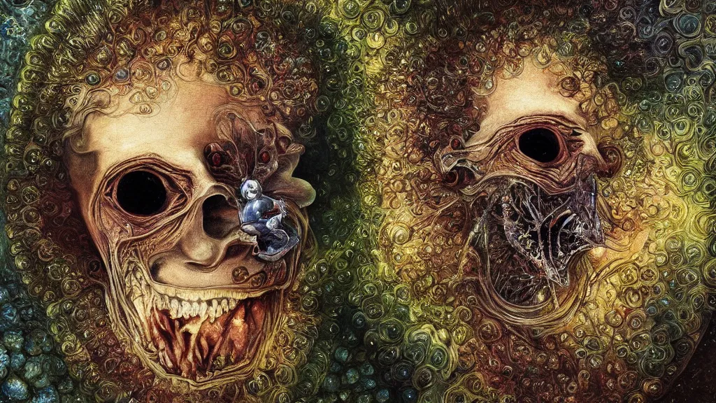 Prompt: a beautiful dreamy painting of a coronavirus inside a high-resolution television screen, smiling alien, face, dark, sinister, detailed, art by Ernst Haeckel and Matt Lombardi