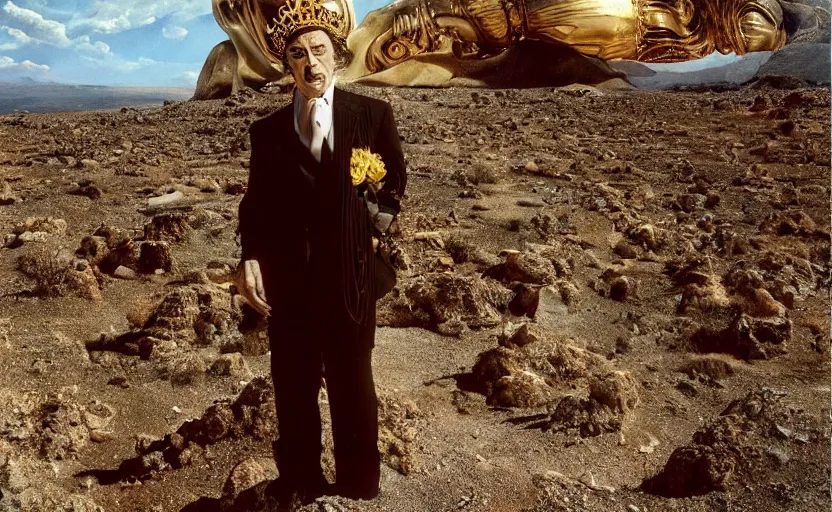 Prompt: portrait of salvador dali wearing a crown and golden dress with jewels in a dry rocky desert landscape, visible sky and sunny atmosphere, alien ruins by giger in the background, film still from the movie by alejandro jodorowsky with cinematogrophy of christopher doyle and art direction by hans giger, anamorphic lens, kodakchrome, very detailed photo, 8 k