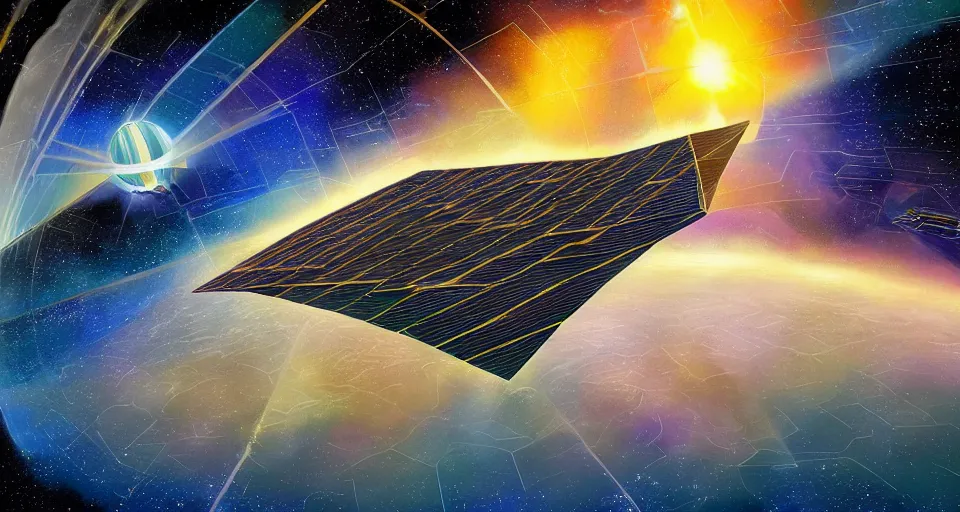 Image similar to hexagonal solar sail in space, blocking the sun, earth in the foreground, art deco painting