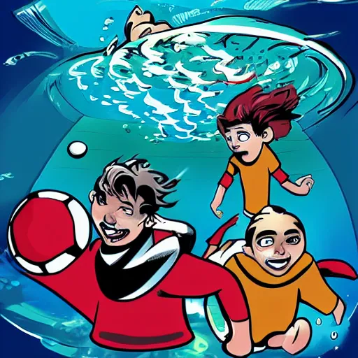 Image similar to underwater soccer championship, comic book style