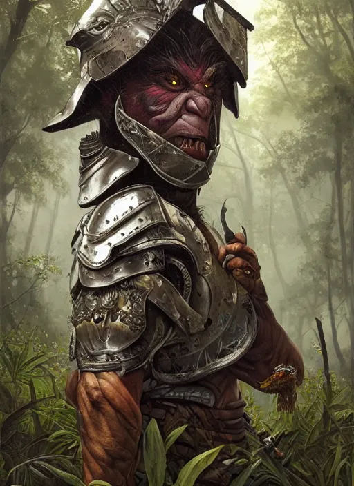 Prompt: a portrait painting of a grim male orc wearing plate armor on a beautiful lush forest meadow, morning, art by Tristan Eaton, Stanley Artgerm, Tom Bagshaw, Greg Rutkowski, Carne Griffiths