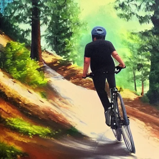 Image similar to man with helmet biking up a steep forest hill, sweaty. Oil painting. Emotional.