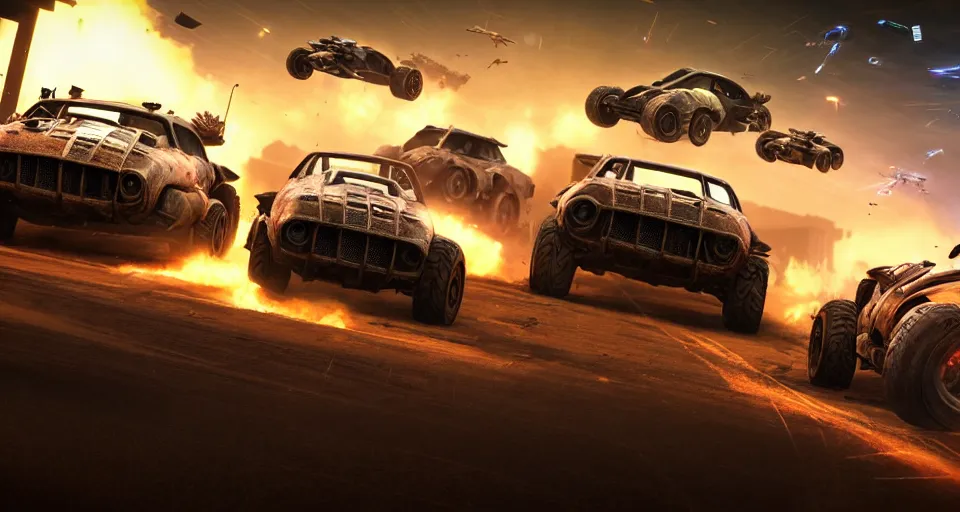 Image similar to macro closeup photo of halo warthogs being chased in a post apocalyptic city, 3 pm, smoke, dust, embers, mad max, action, speed, rocket league, volumetric lighting, hdr, need for speed, gta 5, ridley scott, syd mead, craig mullins, cinematic, octane