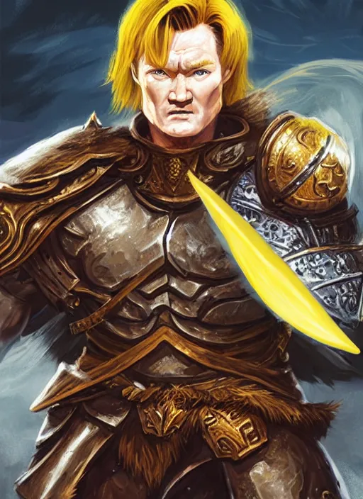 Prompt: detailed illustration of conan o'brien as a dnd paladin with short blond hair and big muscles, yellow hair, casting a protection spell, by raymond swanland