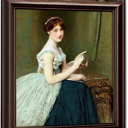 Image similar to young victorian lady in ball gown reading a book, painted by alfred stevens