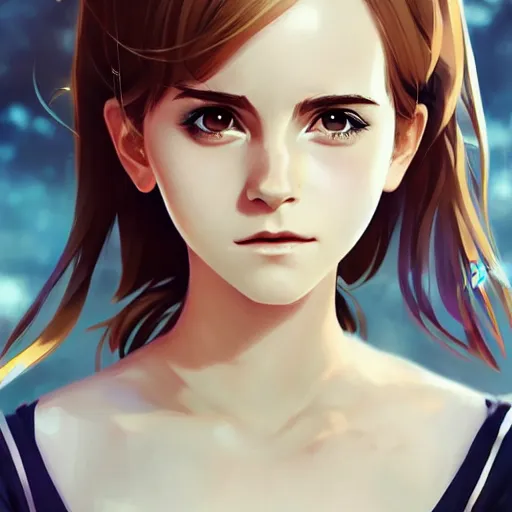 Image similar to anime portrait of emma watson as an anime girl by Stanley Artgerm Lau, WLOP, Rossdraws, James Jean, Andrei Riabovitchev, Marc Simonetti, and Sakimichan, trending on artstation