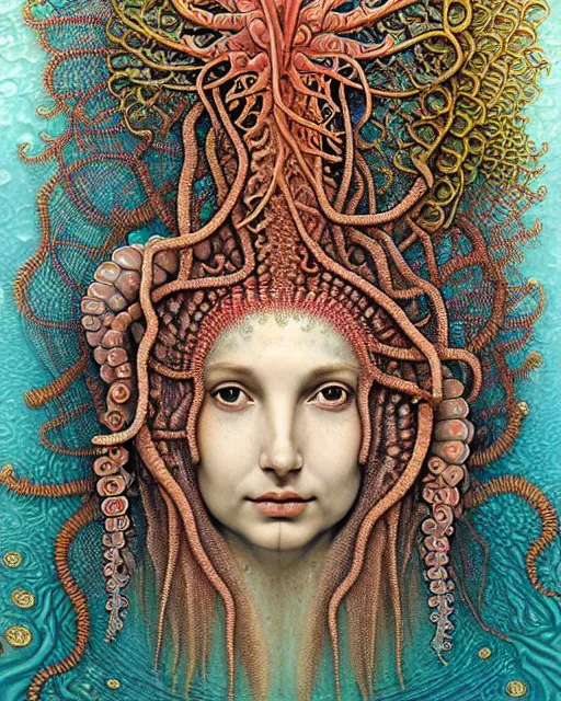 Prompt: realistic detailed underwater face portrait of the beutiful young goddess of the fractal waters with an intricate headdress of corals, sea kelp, sea plants, fish, jellyfish, art by ernst haeckel, zdzisław beksinski, h. r. giger, hieronymus bosch, gothic, neo - gothic, ornamental, beautiful deep colours,