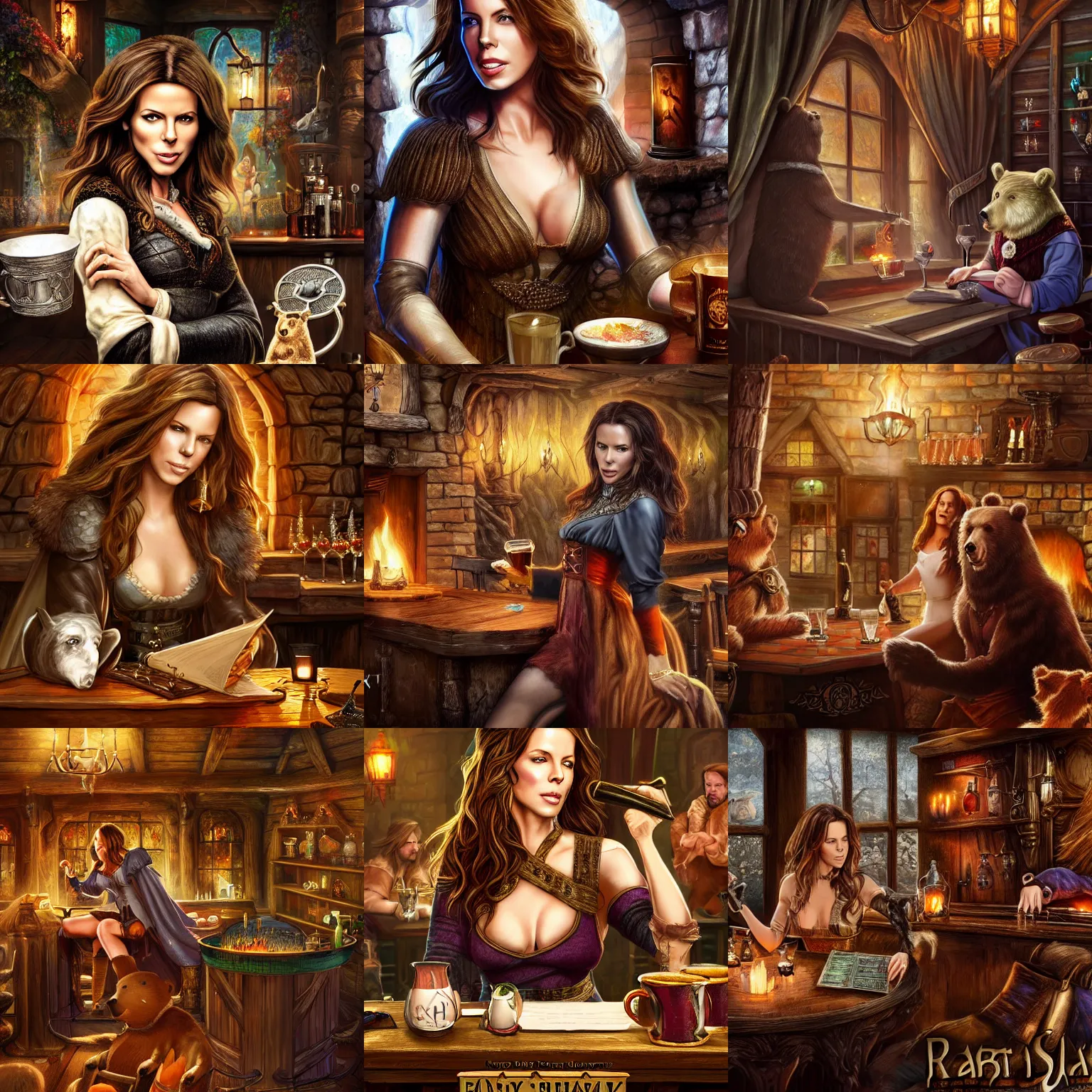 Prompt: kate beckinsale play music on arph, sit in fantasy tavern near fireplace, behind bar deck with bear mugs, medieval dnd, colorfull digital fantasy art, 4k