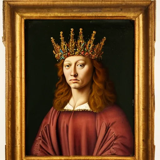 Image similar to a renaissance style portrait painting of a Lion, wearing a crown and cape, dark background