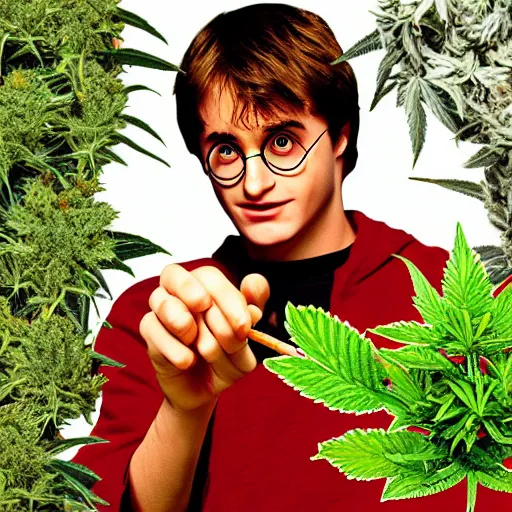 Image similar to harry potter smoking weed, surrounded by weed plants, joints faling from sky, smoke everywhere, fire smoke dense red eyes, eating weed leaf