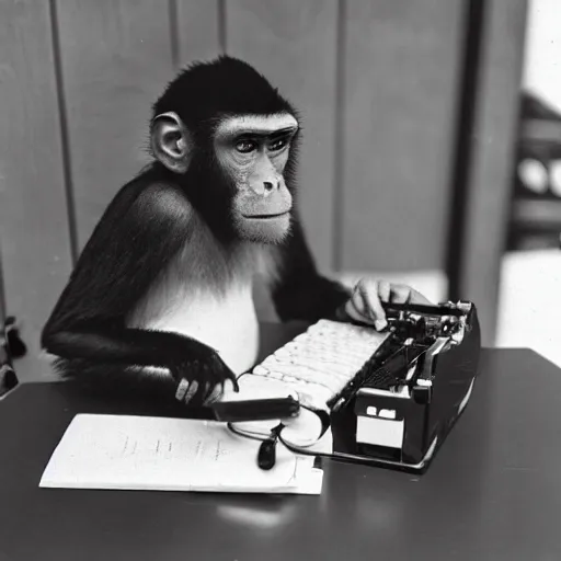 Prompt: an old school black and white photo of a monkey sitting in a chair typing on a typewriter