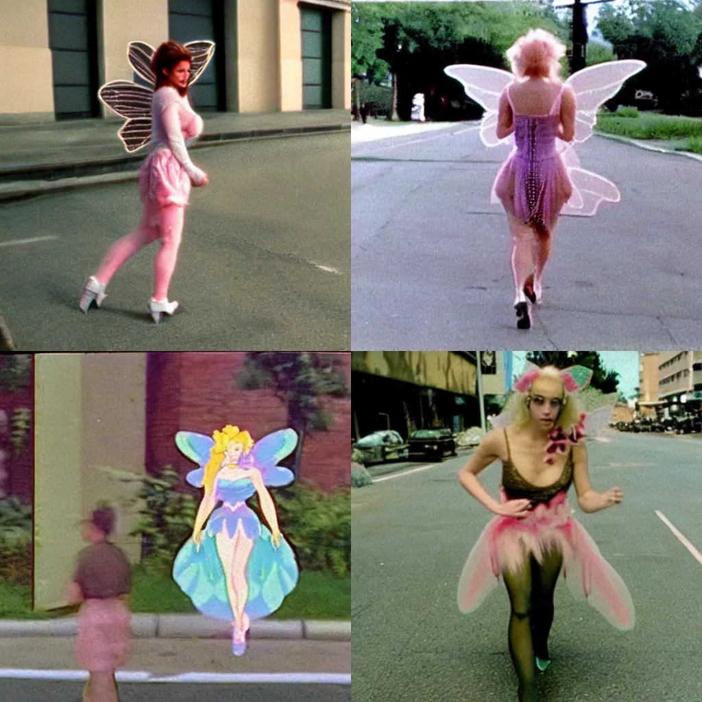 Prompt: 90s accidental vhs footage of a real life adult fairy dressed in casual clothes walking on the sidewalk