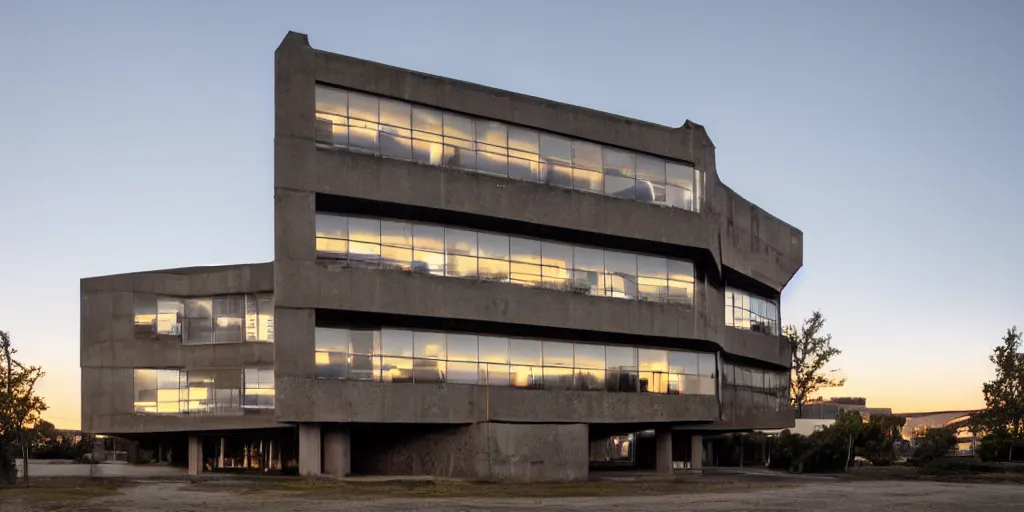 Prompt: wide angle photo of brutalist building made from reflective nickel chrome with copper and gold. twilight with dark violet sky. highly reflective and shiny. frank loyde wright