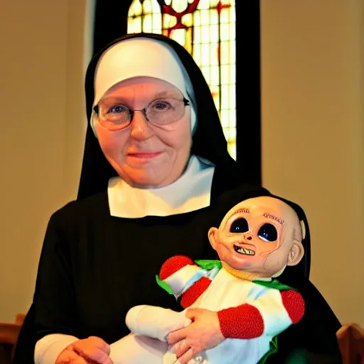 Prompt: a nun in church holding chucky the demonic evil killer doll on her lap