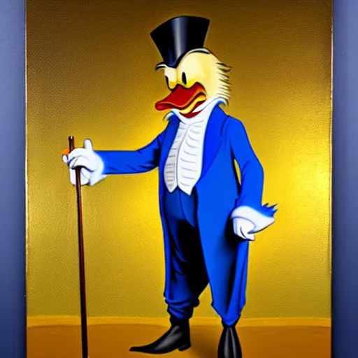 Prompt: Scrooge McDuck from the Duck Tales in blue costume standing on a mountain of gold and holding a cane, view from below, full body portrait, oil painting, highly detailed