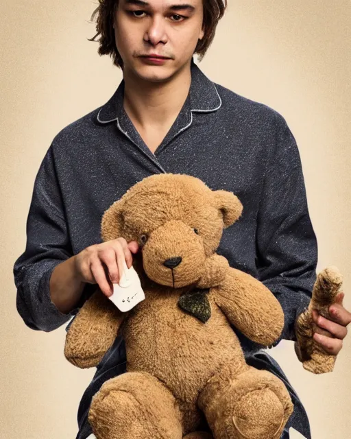 Prompt: frank dillane wearing pajamas with feet and holding a teddy bear, sleepy, intricate, detailed, trending on artstation