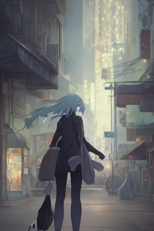 Prompt: a white haired girl with a guitar on her back shopping at a convenience store at night, grey and dark theme, s line, 4 5 angel by krenz cushart and mucha and makoto shinkai and akihito yoshida and greg rutkowski, nier : automata inspired, 4 k resolution