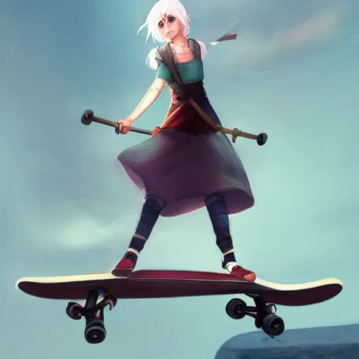 Image similar to Ciri on a skateboard, by Makoto Shinkai