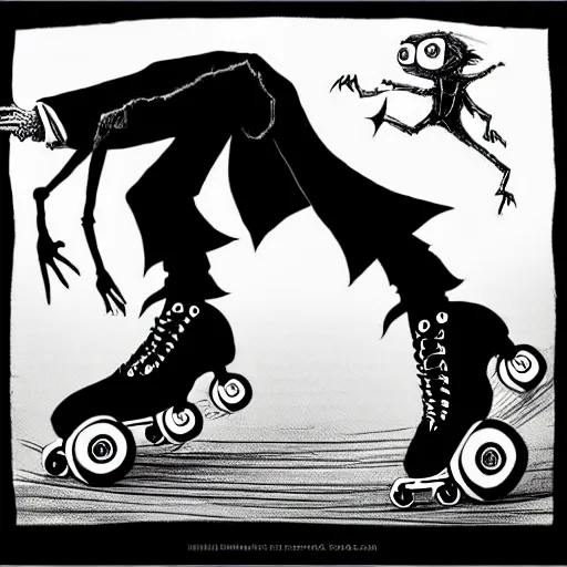 Image similar to black and white trippy comic art of dracula roller skating on roller skates, drawn by martin rowson, tim burton, studio ghibli, alex pardee, nekro petros afshar, james mcdermott, cgsociety 4 k