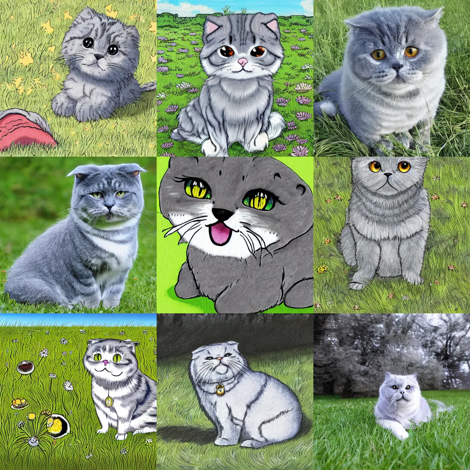 Prompt: a gray scottish fold sitting in the middle of sunny meadow, colored, by eiichiro oda