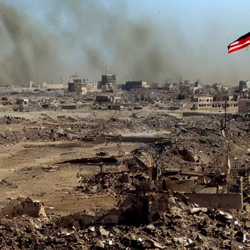 Prompt: iraq in 2 0 0 3 being destroyed by rockets, american flag somewhere »