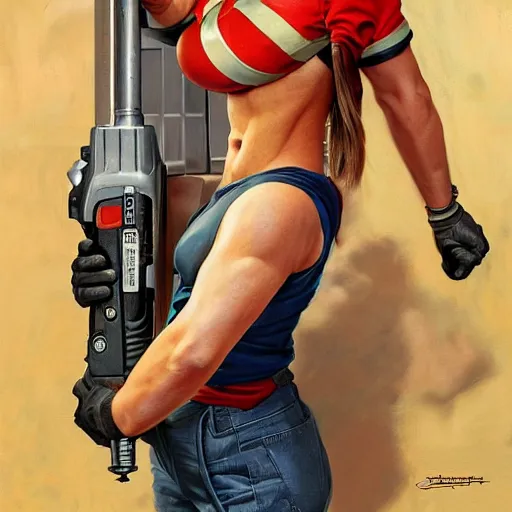 Image similar to epic portrait a slightly muscular woman wearing short sleeved uniform and carrying a red power tool drill, detailed, centered, digital painting, artstation, concept art, donato giancola, Joseph Christian Leyendecker, WLOP, Boris Vallejo, Breathtaking, 8k resolution, extremely detailed, beautiful, establishing shot, artistic, hyperrealistic, beautiful face, octane render